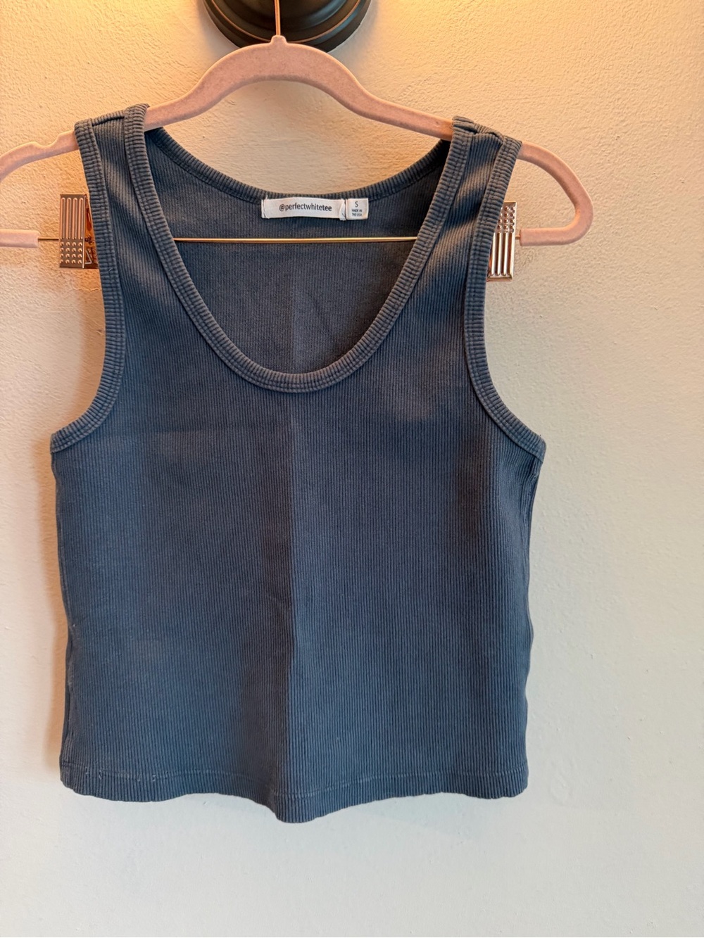 perfectwhitetee Ribbed Scoop Neck Cropped Tank Top Slate Blue Small